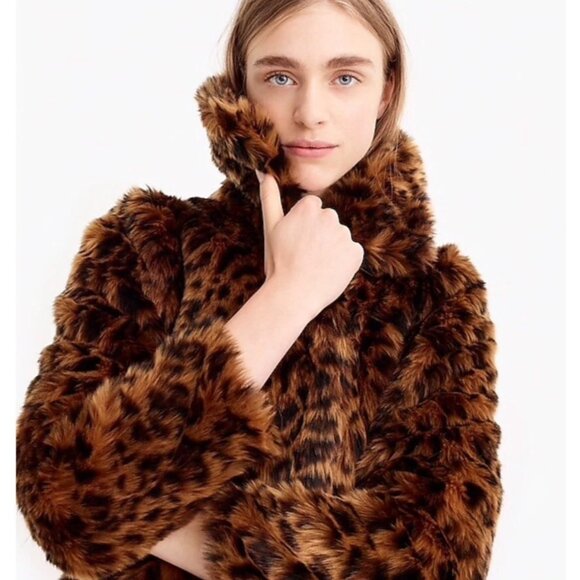 JCrew Faux Fur Leopard Coat Womens XS Brown Animal Print Mob Wife Y2K Evening - Picture 2 of 16
